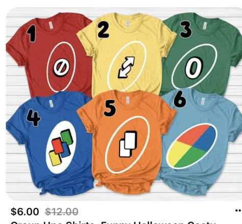 Staff Group Halloween Costumes, Halloween Costume Tshirt Ideas, Easy Halloween Tshirt Costume, Uno Group Costume, Set Of 4 Halloween Costumes, Couple Tshirt Halloween Costumes, Halloween Shirts For Women Group, Halloween Costume For 7 People, Game Theme Halloween Costume