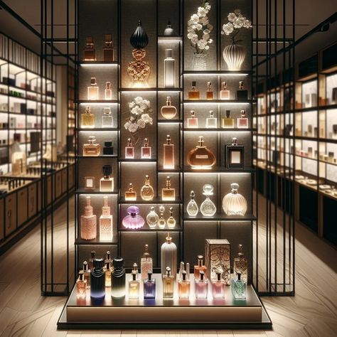 20 Perfume Display Ideas for a Fragrant Showcase Perfume Wall Display, Perfume Store Design, Bottle Display Ideas, Perfume Shop Interior Design, Cosmetics Store Design, Perfume Shop Design, Perfume Display Ideas, Product Display Design, Perfume Closet