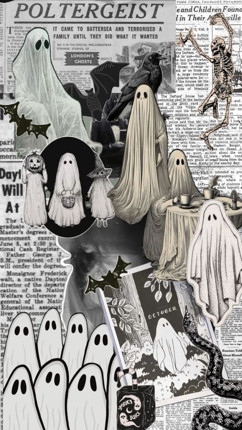 collage of ghosts and spooky cutouts Ghost Collage, Cutout Collage, Cute Ghosts, Scary Wallpaper, Goth Wallpaper, Snoopy Wallpaper, Collage Wallpaper, Simple Phone Wallpapers, Pretty Backgrounds