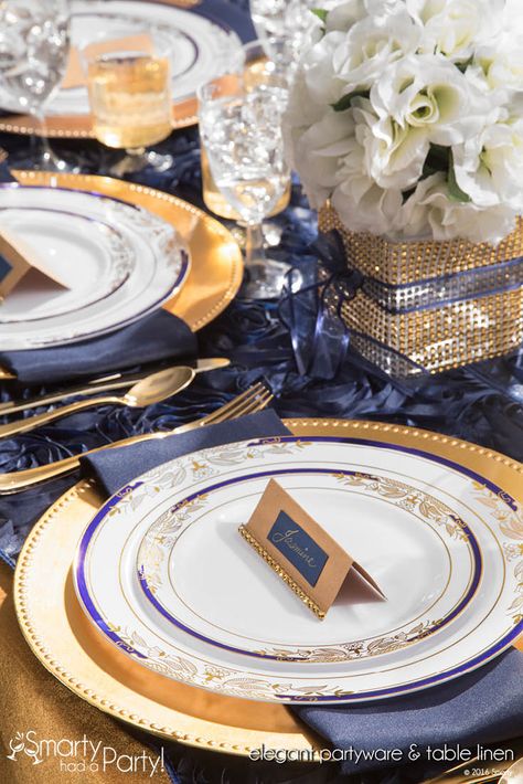 Signature #navy and #gold #wedding and #event #design. | SmartyHadAParty.com Gold Tablecloth, Christmas Dining Table Decor, Romantic Table Setting, Plastic Dinnerware Sets, Christmas Dining Table, Plastic Dinnerware, Party Table Settings, Wedding Party Table, Elegant Table Settings