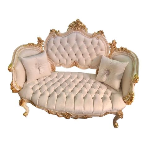 Beautiful elegant settee refinished in white lacquer/beige tones with 24k gold leaf accents. Impressive details. It padded the back and seat cushion.   The price includes 2 pillows.  Dimension: 53"W x 43"H x 29"D. Seat Height 16.5 French Rococo Furniture, French Rococo Interior Design, Chair Design For Bedroom, Victorian Furniture Living Room, French Parisian Decor, Fancy Couch, French Sofa Design, Feminine Furniture, Pillows On Sofa