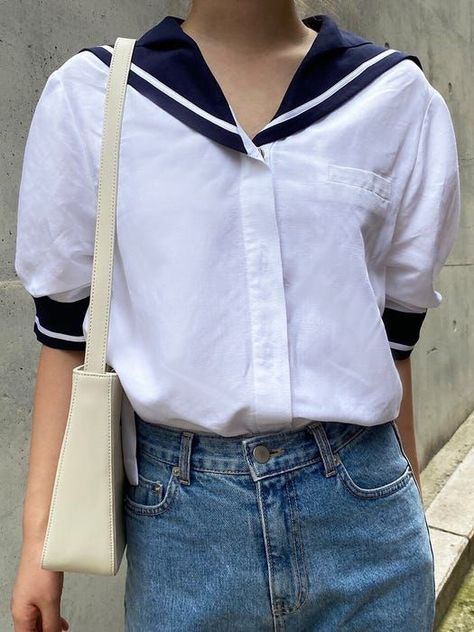 This sailor marine blouse that will last you for years to wear. Featuring with a puff-sleeve design and a sailor collar. Sailor Inspired Fashion, Sailor Collar Outfit, Sailor Style Outfit, Sailor Clothes, Sailor Collar Blouse, Sailor Aesthetic, Sailor Collar Dress, Desired Wardrobe, Sailor Blouse