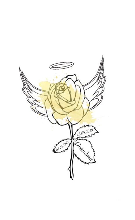 Yellow rose memorial tattoo for grandparent with angel wings & halo Great Grandparents Tattoo Memories, Tattoo Ideas To Honor Grandparents, Yellow Rose With Angel Wings Tattoo, Small Grandma Memorial Tattoos, Tattoos In Memory Of Grandparents, Yellow Rose Memorial Tattoo, Rose Tattoo With Angel Wings, Tattoo Designs For Grandma, Grandma Tattoo In Memory Of Rose