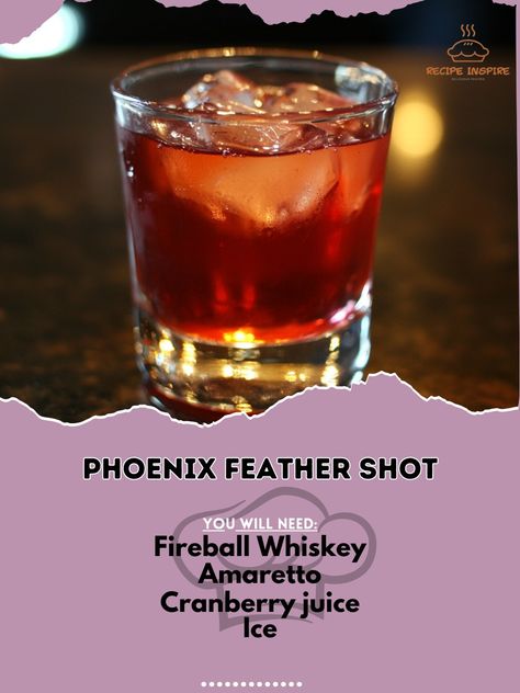 🔥 Rise with the Phoenix Feather Shot! 🦅🍸 #FieryFlavors #PhoenixRising Phoenix Feather Shot Ingredients: Fireball Whiskey (1 oz) Amaretto (1/2 oz) Cranberry juice (1/2 oz) Ice (as needed) Instructions: Fill a shaker with ice. Add Fireball Whiskey, amaretto, and cranberry juice. Shake well and strain into a shot glass. 🦅 This shot is fiery and bold, just like a phoenix rising from the ashes! Perfect for a bold night out. 🍸🔥 #PhoenixFeatherShot #BoldFlavors #FierySips Fireball Whiskey Aesthetic, Extravagant Cocktails, Mocktail Ideas, Phoenix Rising From The Ashes, Whiskey Wednesday, Fun Party Drinks, Rising From The Ashes, Fireball Whiskey, Phoenix Feather