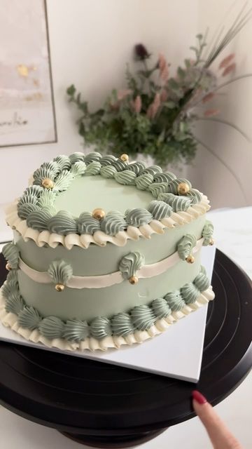 Lambeth Wedding Cake, Sage Green Wedding Cake, Wedding Cake Heart, Heart Shaped Wedding Cakes, Coquette Cake, Green Coquette, Cake Heart, Heart Wedding Cakes, Green Wedding Cake