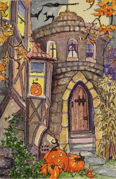 Vintage Storybook, Vintage Halloween Art, Greeting Card Art, Storybook Art, Storybook Cottage, Cottage Art, Halloween Illustration, Halloween Painting, Fairytale Art