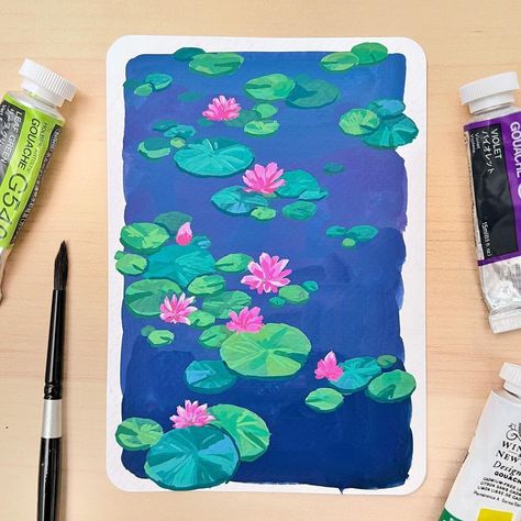 Watercolour Pond Painting, Quick Gouache Painting, Lilypad Painting, Lily Pads Painting, Flower Painting Gouache, Water Lily Pond Painting, Water Lily Illustration, Lily Pad Painting, Lily Pad Art