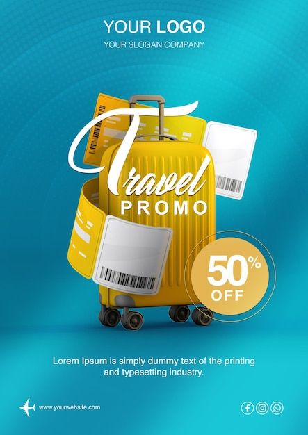 Travel promo flyer with yellow suitcase | Premium Psd #Freepik #psd #vacation #sale #business #tourism Tourism Flyer, Offer Ads, Yellow Suitcase, Holiday Poster Design, Travel Promotion, Travel Flyer, Hotel Ads, Promo Flyer, Travel Creative