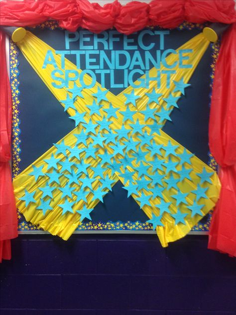 Perfect Attendance. Using plastic table covers, we made the red curtains & the yellow spotlights. Students names were displayed on the stars. Good Attendance Rewards, Attendance Party Ideas, Perfect Attendance Bulletin Board Ideas, Perfect Attendance Party Ideas, Attendance Display Boards, Perfect Attendance Ideas, Perfect Attendance Bulletin Board, Attendance Bulletin Board Ideas, Attendance Bulletin Board