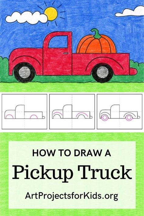 Fall Truck Craft, How To Draw Truck, Step By Step Fall Drawings, How To Draw A Truck Step By Step, Fall Directed Drawing For Kids, How To Draw A Truck, Pick Up Truck Drawing, Farm Drawing Ideas, Pickup Truck Drawing