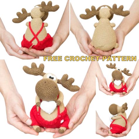 Amigurumi Love Moose Free Crochet Pattern - Amigurumi Amigurumi Reindeer, Crochet Moose, Teddy Bear Patterns Free, Reindeer Pattern, Crochet Deer, Crochet Toys Free, Crochet Teddy Bear Pattern, Crochet Xmas, Amigurumi Elephant