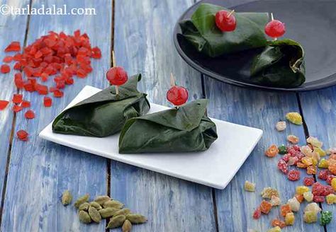 Meetha Paan Paan Recipe Leaves, Meetha Paan, Areca Catechu, Fusion Desserts, Digestive Aid, Mouth Freshener, Cherry Ice Cream, Betel Nut, Dried Dates