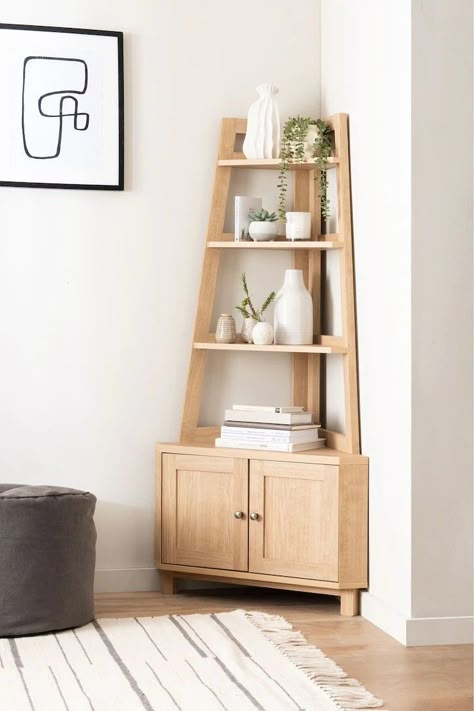 Oak Drinks Cabinet, Corner Shelving Unit Living Room, Corner Shelf Nursery, Light Oak Furniture Living Rooms, Light Wood Living Room Decor, Shelf Design Bedroom, Cute Furniture For Apartments, Living Room Wood Decor, Small Home Ideas Space Saving