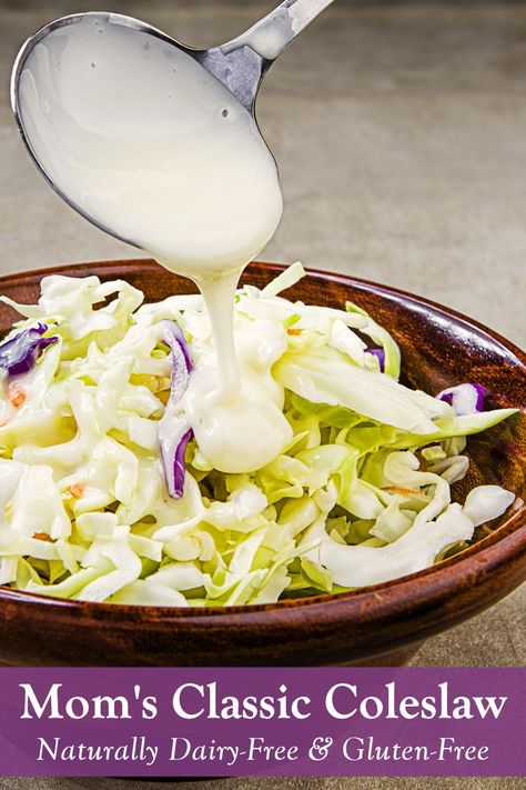 Mom's Classic Coleslaw Recipe (Dairy-Free with Vegan Option) Classic Coleslaw Recipe, Classic Coleslaw, Dairy Free Dressing, Winter Side Dishes, Food Sandwiches, Vegan Potluck, Vegan Coleslaw, Slaw Dressing, Shredded Cabbage