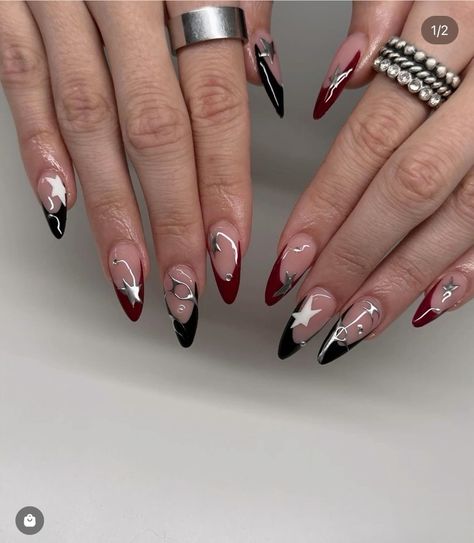 Chase Atlantic Inspired Nails, Red And Black Chrome Nails, Almond Nails Edgy, Contrasting Nails, Dark Fem Nails, Concert Nail Ideas, Alcohol Nails, Techno Nails, Red And Silver Nails