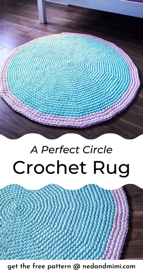 This round crochet rug is created using super chunky t-shirt yarn so it is super quick to work up. This free crochet pattern will show you an easy technique for creating a perfect circle every time! #crochet #crochetrug #tshirtyarn Round Blanket Crochet Pattern Free, Tshirt Yarn Rug, T Shirt Yarn Crochet Patterns Free, Free Round Crochet Patterns, Crochet Circle Rug Pattern Free, Crocheted Rug, Easy Crochet Rug Patterns Free, Crochet Round Rug Pattern Free, Crochet Rug Free Pattern