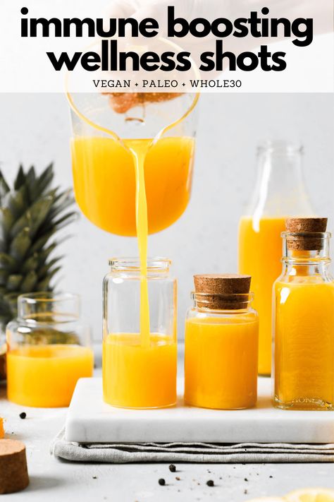 The recipe for these immune boosting wellness shots is our go to immune supporting juice for the colder months! Packed with fresh pineapple, oranges or tangerines, lemon, ginger, and turmeric. It is rich in Vitamin C and full of anti-inflammatory + immune boosting ingredients that will support you throughout winter and beyond. Vegan, paleo, gluten free, and Whole30. #turmeric #ginger #wellnessshot #juice #immuneboosting #antiinflammatory Juice Shots, Turmeric Shots, Turmeric Vitamins, Wellness Shots, Brown Spots Removal, Natural Colon Cleanse, Lemon Ginger, Ginger Juice, Shot Recipes