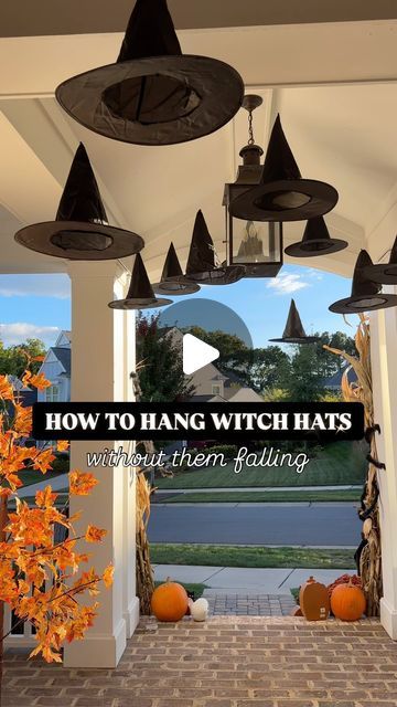 Marissa Lynn Fidler on Instagram: "The ONLY way to hang your witch hats this Halloween without them falling! ✨🧙‍♀️  Follow @fidlinaroundhome then comment HAT for 🔗🔗🔗 to the witch hats AND supplies I use!!   We have been hanging witch hats on our porch ceiling for the past 5 years this way…they have withstood all sorts of winds, rain, and weather here in NC 🙌🏻👏🏻   If for some reason the command hook method doesn’t work for you, you can ALSO try using strong adhesive clear tape OR a stale gun (this causing a bit more damage than the alternative methods, but is very secure).   How do you create and hang your floating witch hats?! SAVE and SHARE this post with a Halloween lovin friend! 🎃👻" Halloween Witch Hat Decor, Hanging Witch Hats, Floating Witch Hats, Floating Witch, Simple Front Porch, Fun Diy Halloween Decorations, Hanging Witch, Pumpkin Carving Designs, Halloween Props Diy