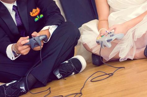 video game photos and perler bead favors Game Themed Wedding, True Love Photos, Gamer Wedding, Late Summer Weddings, Bridal Expo, Event Specialist, Entertainment Ideas, Engagement Pictures Poses, Brides And Grooms