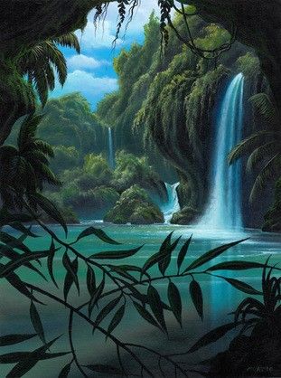 Waterfall Painting, Painting Stuff, Surf Photography, Island Art, Fantasy Places, Tropical Art, Beauty Nature, Nature Art Painting, Fantasy Art Landscapes