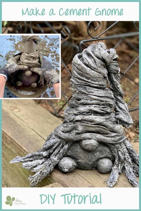 Make a DIY outdoor concrete garden gnome that's a girl! This fun tutorial will show you how to make these lawn ornaments that you can place in your garden for good luck! #artsyprettyplants #outdoordecor #DIYconcrete #cementcrafts #Fairygardenideas #diy garden decor #yardart #gardenprojects #gardendesign #backyardideas #raisedgardenbeds #backyardlandscaping #backyardpatiodesigns Concrete Gnomes Diy How To Make, Cement Yard Art, Gnome Step By Step, Outdoor Gnomes, Garden Gnomes Diy, Cement Leaves, Cement Projects, Scary Halloween Decorations Diy, Diy Gnome