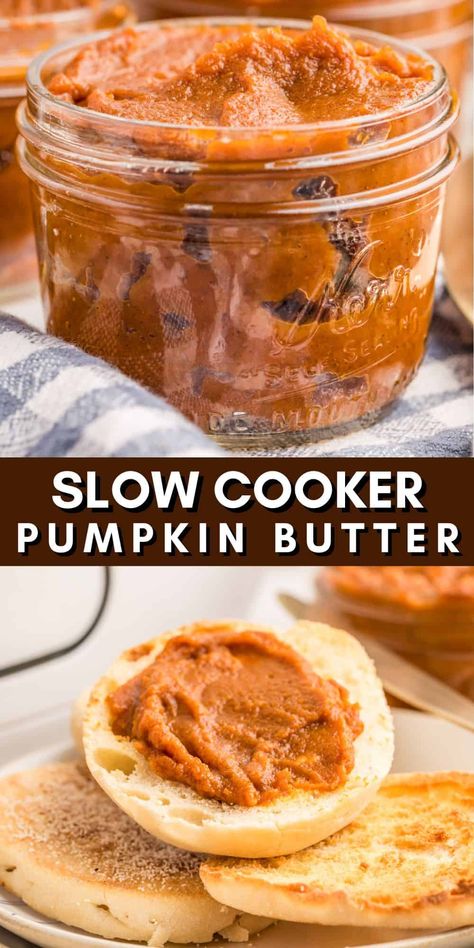 With minimal ingredients and amazing flavor, this Slow Cooker Pumpkin Butter is a Fall staple that you will use over and over again. Crock Pot Pumpkin Butter, Apple Pumpkin Butter Recipe, Pumpkin Butter Crockpot Recipe, Slow Cooker Pumpkin Recipes, Crockpot Strawberry Butter, Pumpkin Butter Recipe Crockpot, Crockpot Pumpkin Butter, Thanksgiving Slow Cooker, Slow Cooker Pumpkin Butter