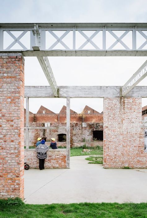 Vandriessche Architecten · Conversion of old factory De Porre to city park, Ghent Industrial Revolution Architecture, Industrial Park Architecture, Old Factory Architecture, Industrial Conversion, Old Building Renovation, Factory Architecture, Renovation Architecture, Arch Architecture, Building Renovation