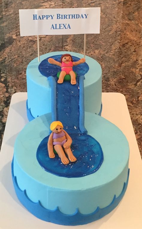 Water slide cake Water Slide Cake Ideas, Water Slide Birthday Cake, Water Slide Cake, Pool Cakes, Pool Birthday Cakes, Swimming Pool Cake, Swimming Cake, Pool Party Cakes, Pool Cake