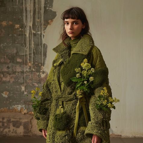 Introducing the “Moss Elegance” coat, inspired by the lush greenery of forest moss. Soft, flowing, and adorned with delicate details, it captures the essence of nature’s beauty in every stitch. Conceptual AI Art Follow @ecosapiens for more! Moss Aesthetic Outfit, Moss Costume, Moss Clothes, Moss Clothing, Moss Jacket, Into The Woods Costumes, Moss Graffiti, Botanical Fashion, Moss Fashion