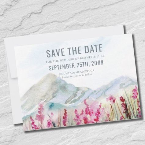 $2.86 | Watercolor Mountain Wildflower Meadow Save The Date #mountainwedding #weddingsavethedate #watercolorlandscape #rusticcountry #pinkmeadowwildflower #dustybluegrey #simplemodernscene #outdoordestination #naturalscenicnaturepark #idyllichillsideretreat Mountain Card, Modern Scene, Meadow Wedding, Rustic Wedding Save The Dates, Mountain Meadow, Rustic Save The Dates, Wildflower Meadow, Modern Watercolor, Watercolor Mountains