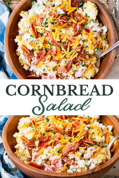 This old-fashioned cornbread salad is a classic Southern side dish that's perfect for potlucks, holidays, and cookouts. Cornbread comes together with fresh veggies, smoky bacon, and cheddar cheese in a creamy mayonnaise dressing! Fried Chicken Side Dishes, Corn Bread Salad, Taco Cornbread, Taco Cornbread Casserole, Southern Cornbread Salad, Old Fashioned Cornbread, Mayonnaise Dressing, Easy Cornbread, Yellow Squash Casserole