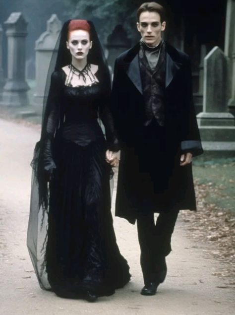 Goth Bride And Groom, Victorian Vampire Couple Costume, Dracula Outfit Aesthetic, Goth Couple Outfits, Edgar Allan Poe Costume, Witch And Vampire Couple Costume, Vampire Bride And Groom Costume, Dracula Aesthetic Outfit, Gothic Victorian Aesthetic Outfit