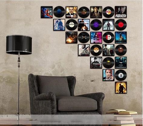 Decorating With Album Covers, Record Accent Wall, Vinly Recorder Wall, Music Wall Inspiration, Wall Decor Vinyl Records, Music Record Wall Art, Framed Records On Wall, Record Themed Room, Wall Of Records