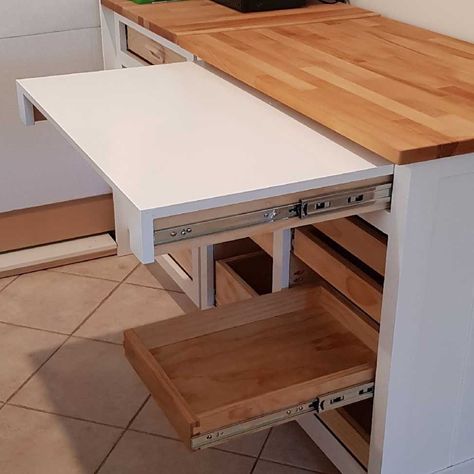 Slide Out Desk Top, Bar With Pull Out Desk Top, Kitchen Island Slide Out Table, Pull Out Desk Extension, Slide Out Desk Work Surface, Sliding Countertop, Work Table Design, Slide Out Table, Pullout Desk