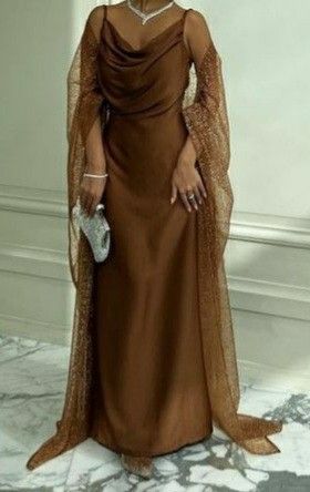 Shawl For Formal Dress, Coffee Brown Dress, Prom Dress With Shawl, Dubai Women, Winter Ball, Brown Dresses, Dress With Shawl, Fashion School, Prom Formal