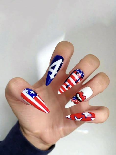 Multicolor  Collar    Color Nails Embellished   Beauty Tools 4th Of July Birthday Nails, July 4th Nails, 4th Nails, Patriotic Nail, Patriotic Nails Design, Patriotic Nails, Press On Nails Long, Fourth Of July Nails, Long Press On Nails