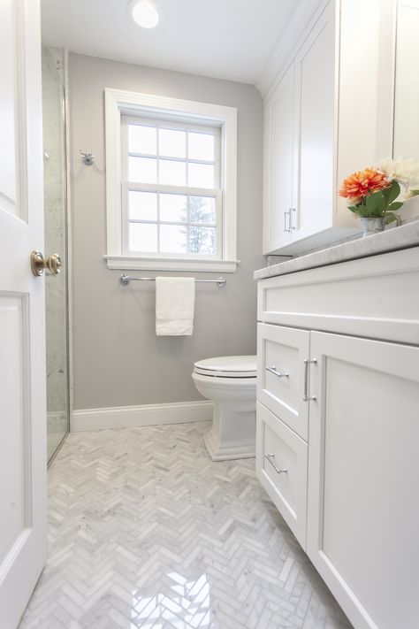 Bathroom Tile Coordination, Carrara Herringbone Tile Bathroom, Calcutta Herringbone Bathroom, Bathroom Remodel Herringbone Tile, Bathroom Floors Ideas Tile Master Bath, Grey Herringbone Tile Bathroom, Marble Herringbone Bathroom, Herringbone Tile Floor Bathroom, Herringbone Floor Bathroom