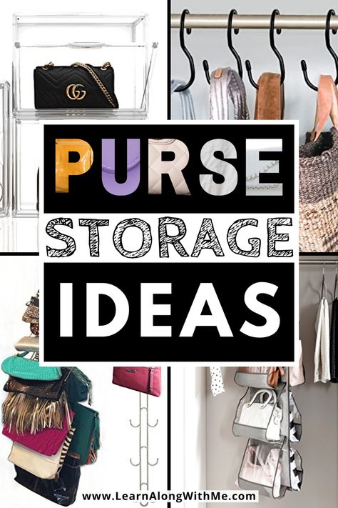 If you love your purses, but are frustrating by how to store them check out these 21 unique purse storage ideas. There are shelf options, ways to hang them in your closet, drawer organizers, and more. Which idea will be right for your collection? Best Way To Store Bags And Purses, Organize Purses Small Space, Hang Purses In Closet, Small Closet Purse Organization, Pocketbook Storage Ideas, Organize Bags And Purses, How To Store Purses In Closet, Purses Organization Ideas, Purse Storage Organization