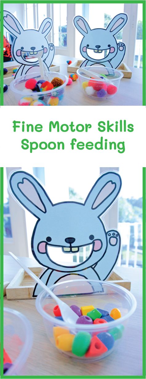 Spring Fine Motor Activities Toddlers, Fine Motor Crafts Occupational Therapy, Feed Me Activity For Kids, Feeding Animals Activities, Easter Occupational Therapy Activities, Spring Occupational Therapy Activities, Feed The Animal Activity, Bunny Activities, Spoon Feeding