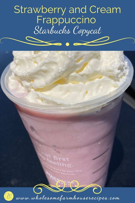 Strawberry and Cream Frappuccino Starbucks Copycat Strawberry And Cream Frappuccino, Strawberry Frappuccino Recipe, Starbucks Strawberry Frappuccino, Strawberries And Cream Recipe, Strawberry Frappuccino, Summer Party Food Ideas, Starbucks Copycat Recipes Drinks, Copycat Drinks, Frappuccino Starbucks