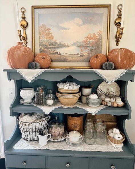 Autumn Elegance 🍂 #falldecor #homedecor #styled #fallseason #kitchen #hutch #antiques #thrifted #vintageblue #cozyhome #pumkinseason #fyp #autumn Kitchen Hutch, Hutch Decor, Cabinet Display, China Cabinet Display, Decor Fall, Autumn Home, Display Cabinet, Hutch, China Cabinet