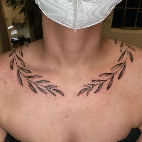 Collar Bone Tattoo Men Ideas, Greek Leaf Tattoo Neck, Leaf Tattoo Collar Bone, Greek Leaves Tattoo Neck, Leaves Chest Tattoo, Laurel Wreath Tattoo Men, Laurel Tattoo Men, Colar Bone Tattoo Men, Leaf Neck Tattoo