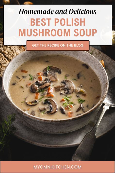 This Polish Mushroom Soup can be enjoyed during colder months as much as during the summer. The broth base gives it lightness, while the combination of dried and bella mushrooms gives it substance. This soup is light and filling at the same time. Adding creamy sauce at the end creates, smooth, satisfying finish. Polish Mushroom Soup Recipes, Oyster Mushroom Soup Recipe, Polish Mushroom Soup, Mushroom Bisque, Creamy Mushroom Soup, Mushroom Soup Recipes, Easy Soup, Soup Mixes, Polish Recipes