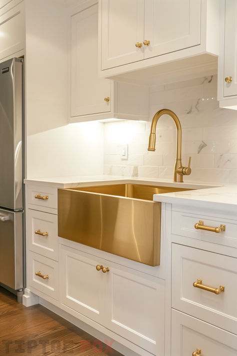 10 Popular Gold Sink Ideas for a Modern and Sophisticated Kitchen Design – Tiptoe Fox White Kitchen With Butcher Block Counter, Gold Kitchen Cabinets, Kitchen With Butcher Block Counters, Gold Hardware Kitchen, Gold Faucet Kitchen, Backsplash White Cabinets, Gold Kitchen Sink, Modern Kitchen Layout, Gold Kitchen Hardware