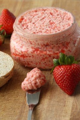 Strawberry Honey Butter  Ingredients:  1 pint strawberries, hulled  3 tablespoons honey  2 teaspoons fresh lemon juice, or to taste  1 1/2 sticks (3/4 cup) unsalted butter, softened Strawberry Honey Butter, Strawberry Honey, Strawberry Butter, Flavored Butter, Think Food, Honey Butter, Butter Recipe, In A Jar, Relish