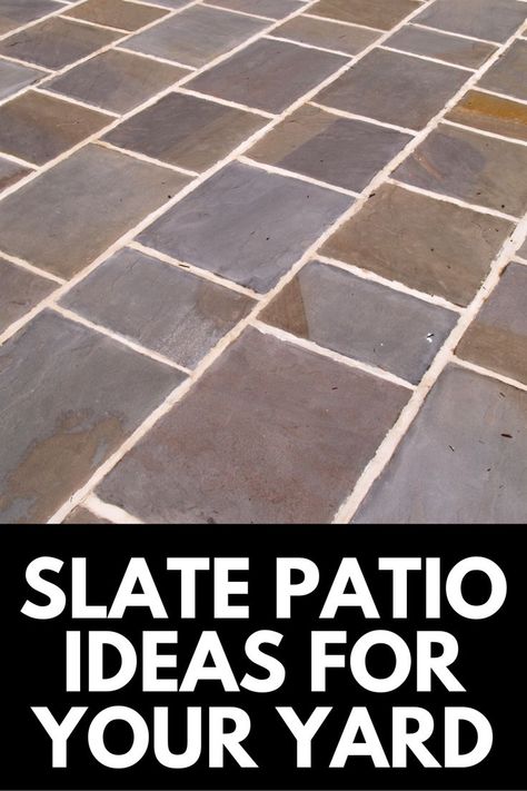 Looking to install a new patio or replace your old one? In this garden design guide, we share our FAVORITE slate patio ideas! Read more at OwnTheYard.com! Flat Stone Patio Ideas, Slate Patio Ideas, Flat Stone Patio, Pavers Design, Resin Wicker Furniture, Patio Blocks, Slate Patio, Small Fire Pit, Solar Powered Lanterns