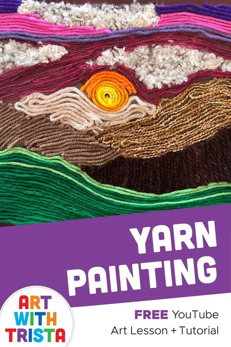 Learn how to use scraps of yarn and contact paper to make your very own landscape inspired by the Huichol people of Mexico. Yarn Art On Paper, Yarn Landscape Art, Yarn Painting For Kids, Texture Art Projects High School, Yarn Art For Kids, Yarn Art On Canvas, Mexican Yarn Art, Yarn Art Diy, Middle School Crafts