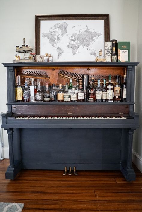 How to transform a piano into a hidden home bar - step by step tutorial with photos. Piano To Bar Diy, Turn Piano Into Bar, Bar Made From Old Piano, Piano Bar Repurposed Diy, Diy Piano Repurpose, Piano Made Into A Bar, Diy Piano Bar, Piano Turned Into Bar, Piano Into Bar