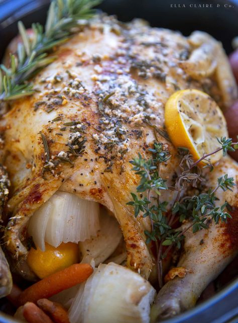 Super easy and so delicious- slow cooker whole chicken with garlic and herbs, potatoes and carrots. The perfect crockpot meal that is our family loves for dinner! It also makes great leftovers. Crockpot Whole Chicken Recipes, Slow Cooker Whole Chicken, Chicken With Herbs, Rosemary Chicken Recipe, Chicken With Garlic, Slow Cooker Beans, Lemon Rosemary Chicken, Crockpot Meal, Whole Chicken Recipes