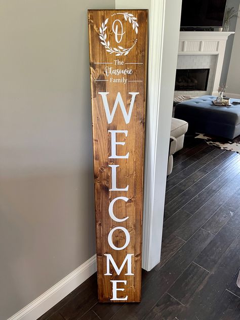 Welcome Card Design, Diy Welcome Sign Wood, Wine Paint Party, Porch Leaners, Wood Porch, Established Family Signs, Wine Painting, House Updates, Welcome Card